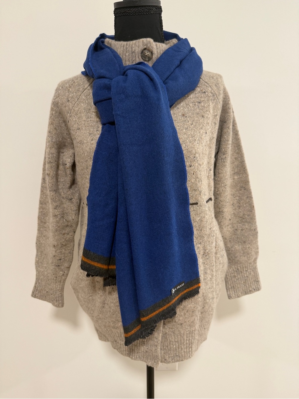 V. Fraas Vintage Royal Blue Wool Scarf Soft Warm Oversized Fringe Contrast Strip